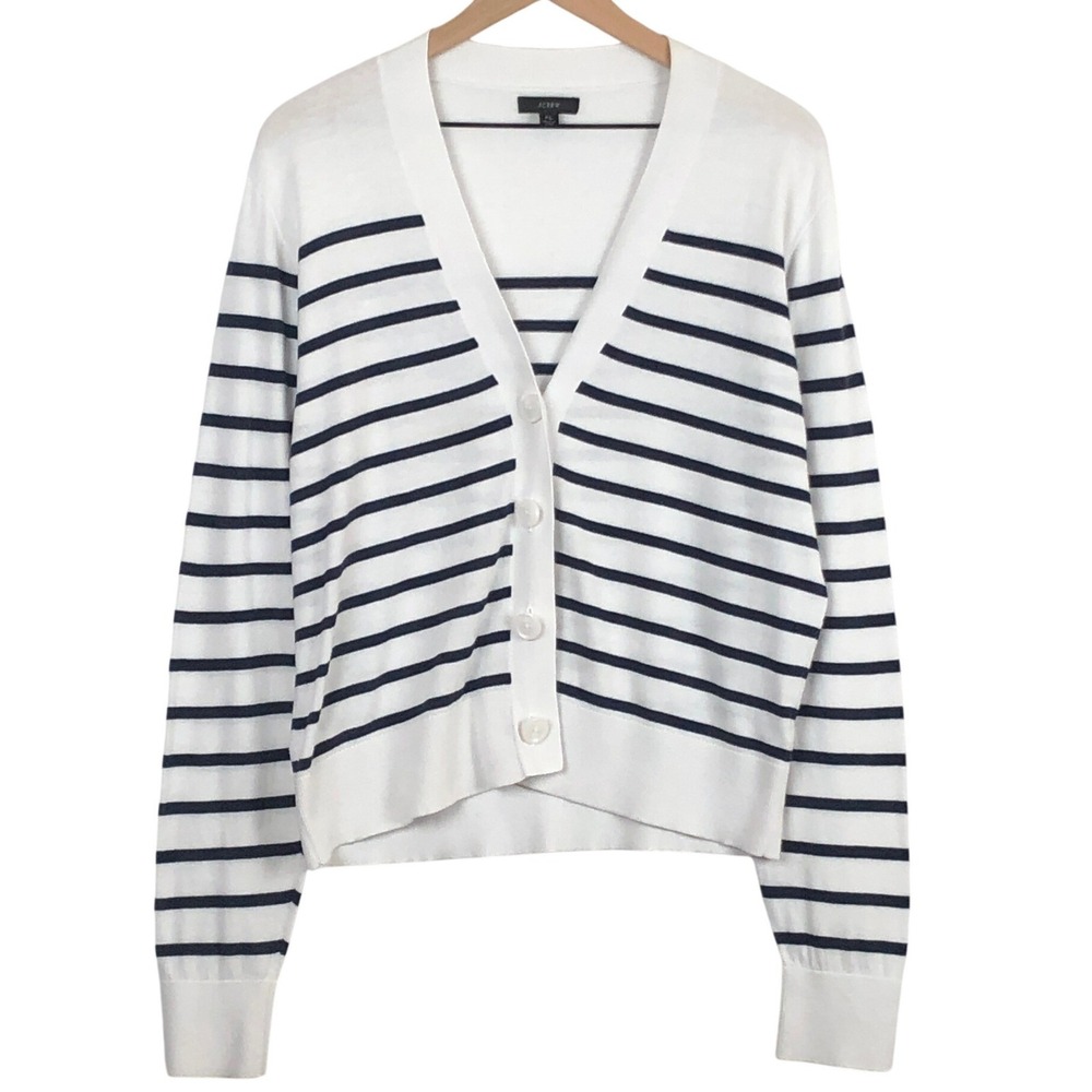 J.CREW Striped Cotton V-Neck Cardigan Sweater Women's XL White Blue L/S Nautical